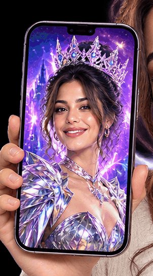 Illustrative AI photo: superhero-style guest portrait on a phone screen