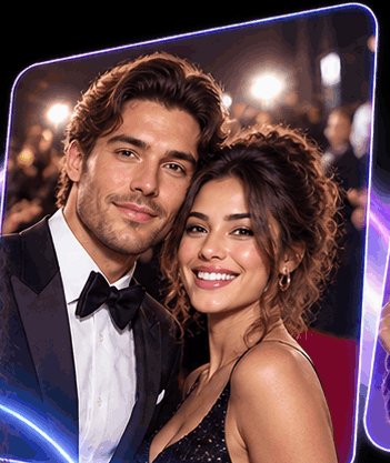 Illustrative AI photo: guests in formal wear on a red-carpet-style backdrop